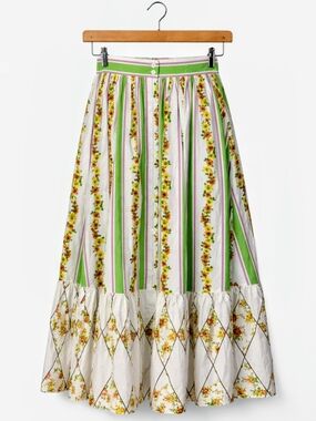 MSGM Designer Cotton Floral Maxi Skirt Striped Green Summer Statement Piece NWT